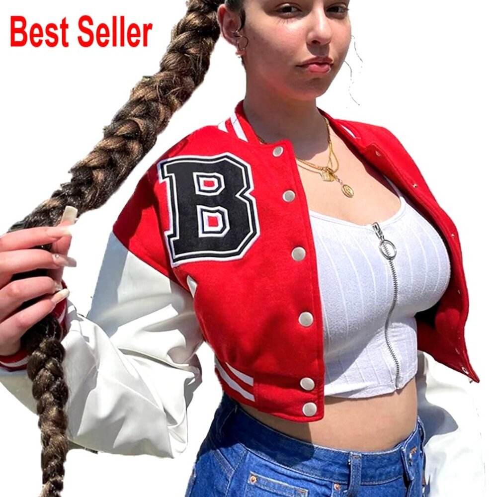 Women's Crop Varsity Bomber Jacket Leather Sleeves Streetwear Y2K